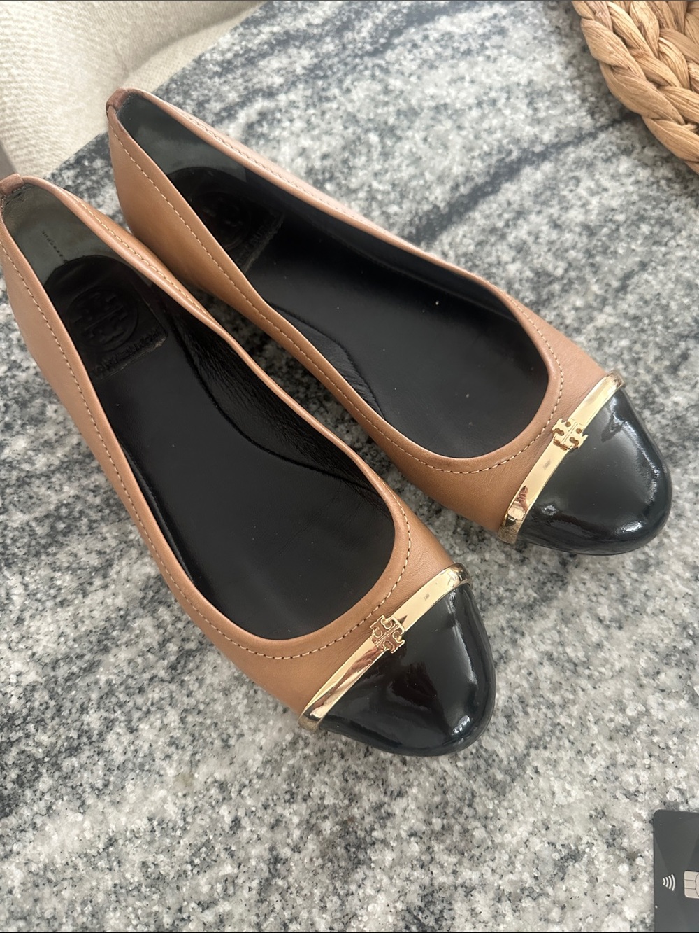 Tory Burch Two-Tone Tan and Black Cap-Toe Flats with Gold Accent